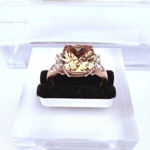 PAJ 925 Sterling Silver Cushion-Cut Champagne CZ Ring Clear Accent Stones Size 8